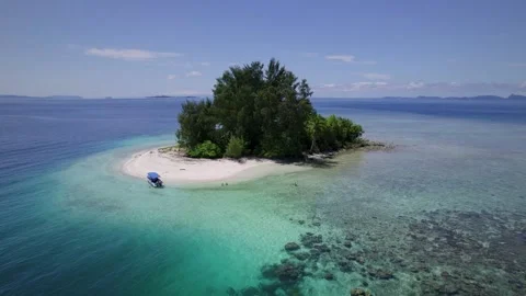 Drone video small tropical island with coral reef and turquoise water, Raja Stock Footage 334894491