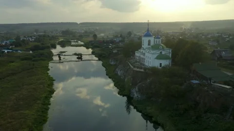 Drone video a smooth flyover of a beautiful old Orthodox church with blue domes  스톡 동영상 223160916