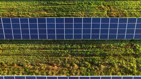 Drone video of solar panel rows with bright green strips between arrays Stock Footage 345895582