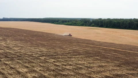 Drone Video - Tracking Shot Of Tractor plows the field for sowing Stock Footage 172503753