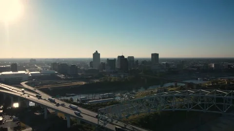 Drone video of trucks drive on bridge, Downtown Memphis at sunrise, Tennessee 4k Stock Footage 218338754