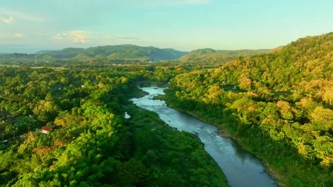 Drone video of winding river through golden hills Stock Footage 336315094
