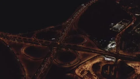 Drone video. Winter, night. Ring road in Moscow, interchanges Stock Footage