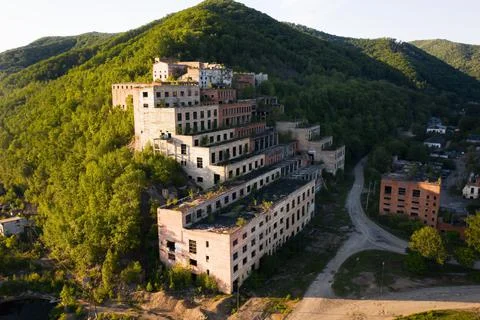 A drone view of the abandoned building of the mining and processing plant Fotos de archivo
