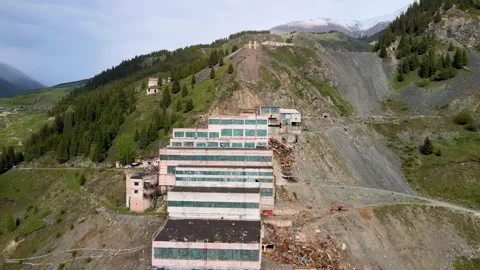 Drone View of Abandoned Mining Facility in Ak-Tyuz, Kyrgyzstan Stock Footage 340325296
