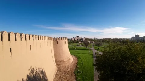 Drone view above a barrier wall in Turkistan park in Kazakhstan Stock Footage 235946318