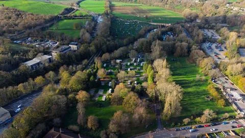 Drone view above the Bath Waterside &amp; Marina. Stock Photos