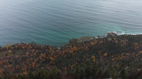 Drone view from above Mont-Saint-Alban tower overlooking Forillon coastline 스톡 동영상 330950828