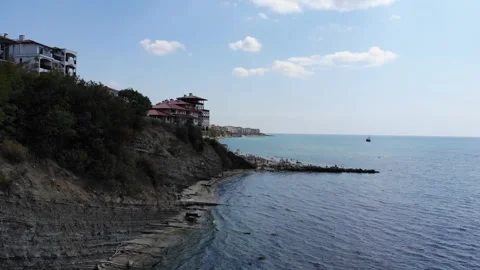 Drone view from above of sunbeds, sun umbrellas and beach in Sveti Vlas Stock Footage 276426868