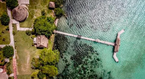 Drone view from above on wooden pier and see Stock Photos