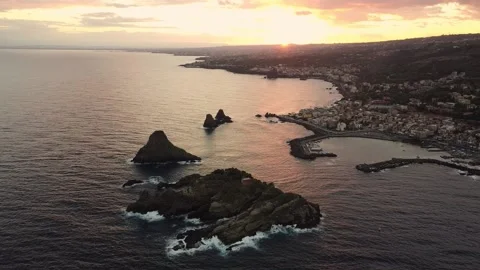Drone view of Acitrezza bay at sunset in Sicily Italy Video stock 146800419
