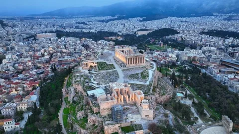 Drone view of Acropolis with evening illumination, flying around ancient Stock Footage 276002043