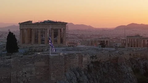 Drone View of Acropolis with Greek Flag at Half Mast on National Day of Mourning Stock Footage 341498657