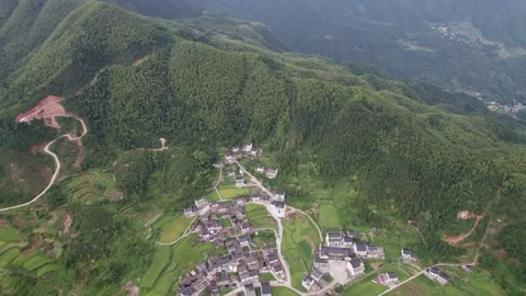 Drone view of agriculture rice fields and local Hui style buildings Stock Footage 285705370