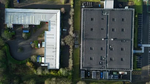 Drone view of an AI data center in Milton Keynes with specialized roof-mounted Stock Footage 333021354