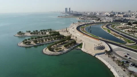 Drone View of Al Khobar Corniche Urban Waterfront Saudi Arabia Stock Footage 334813045