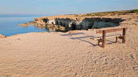 Drone view along the edge of the Cape Cavo Greco Sea Caves. Stock Footage 341541045