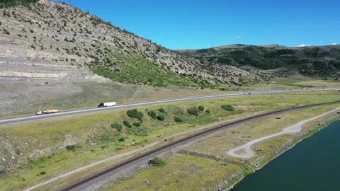Drone view along the Interstate and Yellowstone River Stock Footage 285256399