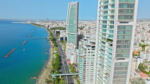 Drone view along Limassol coastline in Cyprus. Stockbeeldmateriaal 341645135