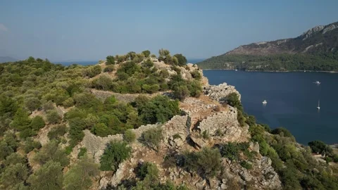 Drone View of Amos Antik Kenti, Hellenistic Ruins 200 BC, Turkish Coast 4K Stock Footage 331463826
