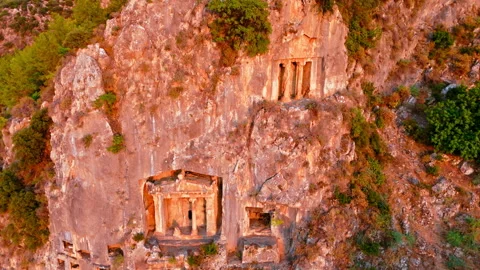 Drone view of Amyntas Rock Tombs in Oludeniz, Turkey. Stock Footage 334267893