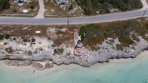 Drone View of Ancient Lighthouse at High Rock, Grand Bahama Bahamas Stock Footage 88734699
