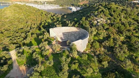 Drone View of the Ancient Lycian Amphitheater in Kaş, Turkey Stock Footage 314328347