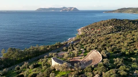 Drone View of the Ancient Lycian Amphitheater in Kas, Antalya, Turkey Stock Footage 314328391