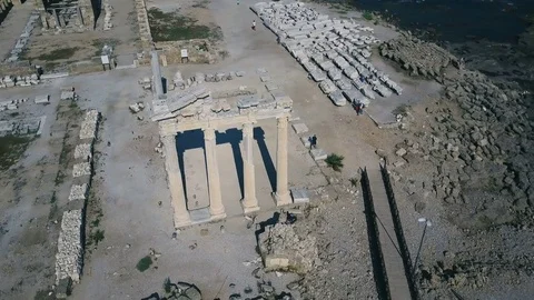 Drone view of Ancient Temple and column ruins. Aerial view Stock Footage 77484106