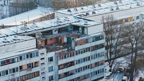 Drone View of Apartment Building Destroyed by Gas Explosion, Riga Latvia Winter Stock Footage 339809217