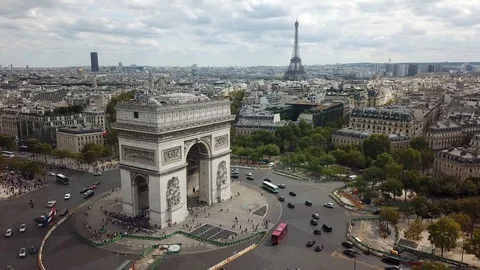 Drone View Arc de Triumph, Paris, France. Eiffel tower reveal. Stock Footage