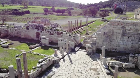 Drone View Of The Archaeological Site With Ancient Stone Walls And Columns Ruins Stock Footage 194947783