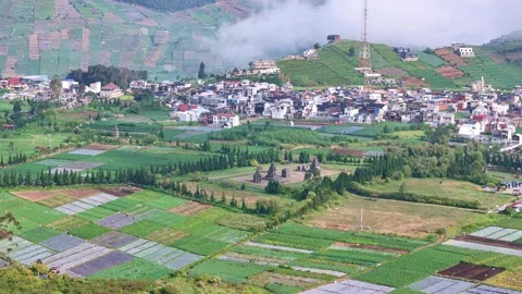 Drone view of Arjuna Temple in Dieng, Central Java, showing ancient Hindu Vídeos de archivo 320675074