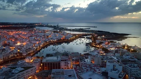 Drone view of Arrecife harbor at night, Arrecife city in Lanzarote, Spain Stock Footage 293298072
