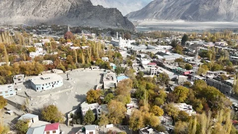 Drone View of Autumn City, Gilgit-Baltistan, Pakistan Stock Footage 345296933