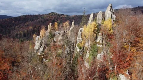 Drone view of autumn woods and stone cliffs from above Stock Footage 337047643