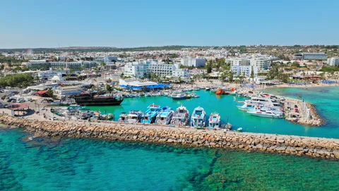 Drone view of Ayia Napa Harbour and beach area in Cyprus. Stock Footage 341535261