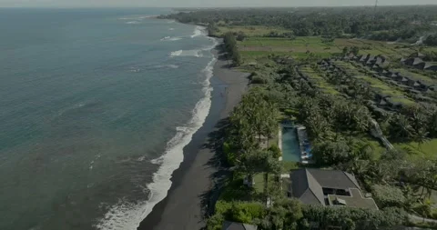 Drone view of Bali. Top view of wave on Keramas beach with black sand Stock Footage 245404981