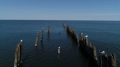Drone view of Baltic Sea and an old mole made from wood and stones Stock Footage 105294252