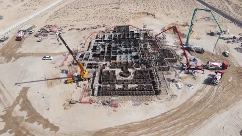 Drone view of the BAPS Hindu Mandir, Abu Dhabi, construction site during its Stock Footage 333205971