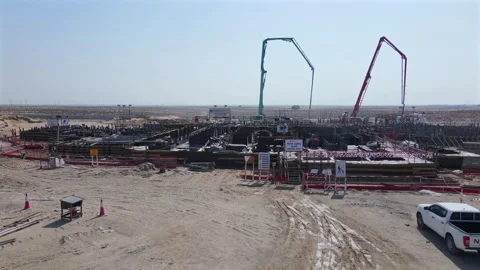 Drone view of the BAPS Hindu Mandir, Abu Dhabi, construction site during its Stock Footage 333206871