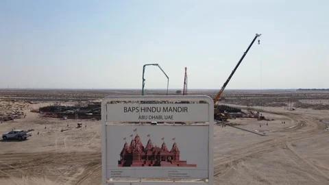 Drone view of the BAPS Hindu Mandir, Abu Dhabi, construction site during its Stock Footage 333206954