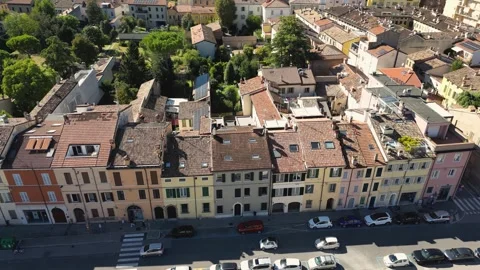 Drone view of Basilica di Santa Maria in Porto lawn and cityscape in Ravenna Stock Footage 335710414