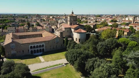 Drone view of Basilica di Santa Maria in Porto and cityscape in Ravenna Stock Footage 335710477