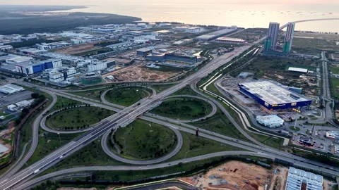 Drone view Batu Kawan IKEA retail and highway cloverleaf interchange Video stock 332088131