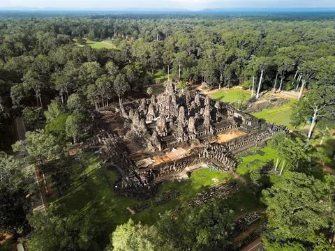 Drone View Of Bayon Face-Tower Maze, Angkor Thom Siem Reap, Cambodia UNESCO Stock Photos