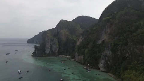 Drone View of Beach and Cliff on Koh Phi Phi, Thailand Video stock 308063586