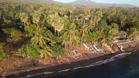 Drone view of beach and coast. Aerial stay to view the coast in Bali Stock Footage 255872497
