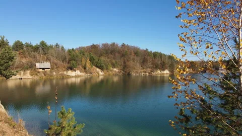 Drone View on beautiful deep lake with clear turquoise water and beautiful Stock Footage 170298601