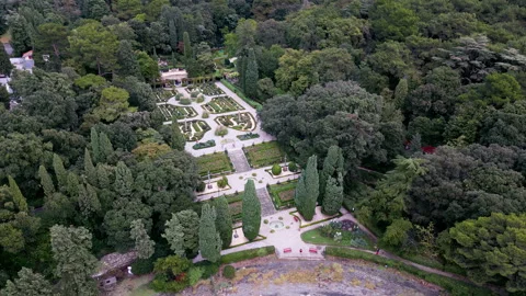 Drone view of a beautiful garden in Trieste Miramare 스톡 동영상 279996901